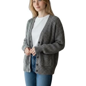 Marled Reunited Clothing Mottled Tan Gray Ribbed Knit Button-up Cardigan - Large